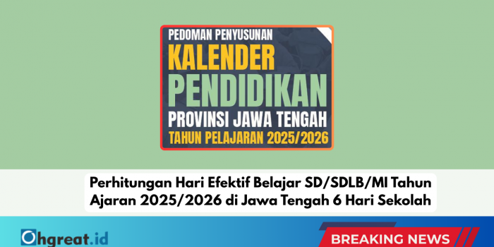 Perhitungan Hari Efektif Belajar SD/SDLB/MI Tahun Ajaran 2025/2026 di Jawa Tengah 6 Hari Sekolah